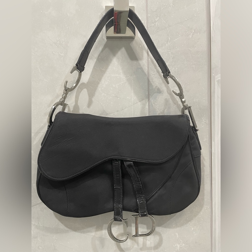 CHRISTIAN DIOR BLACK SADDLE CANVAS BAG WITH A STRAP W 11” x H6.5” x D3”
